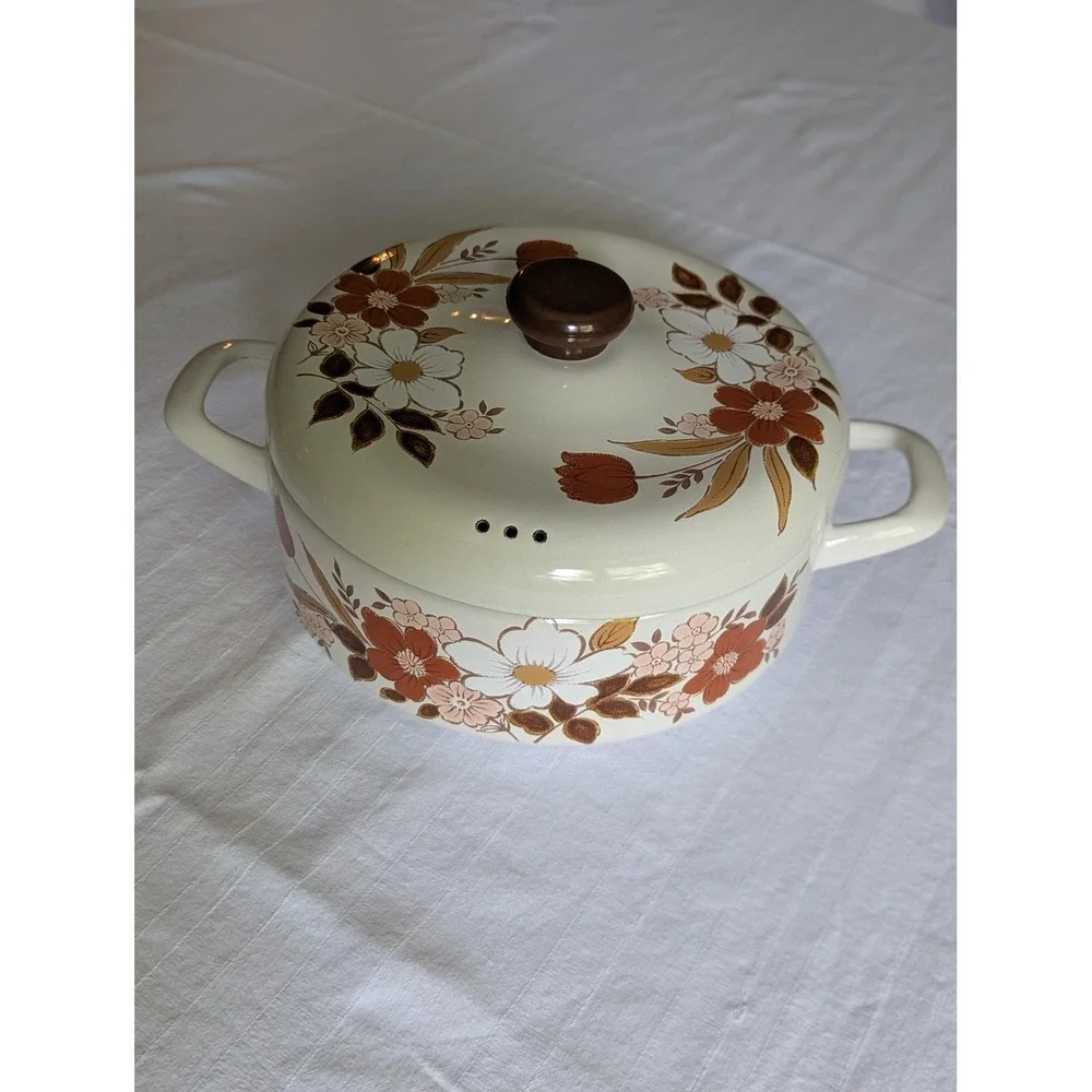 Vintage Kingsbury Dogwood Cooking Pot w & Lid 70's Enamelware Floral Mid-Century